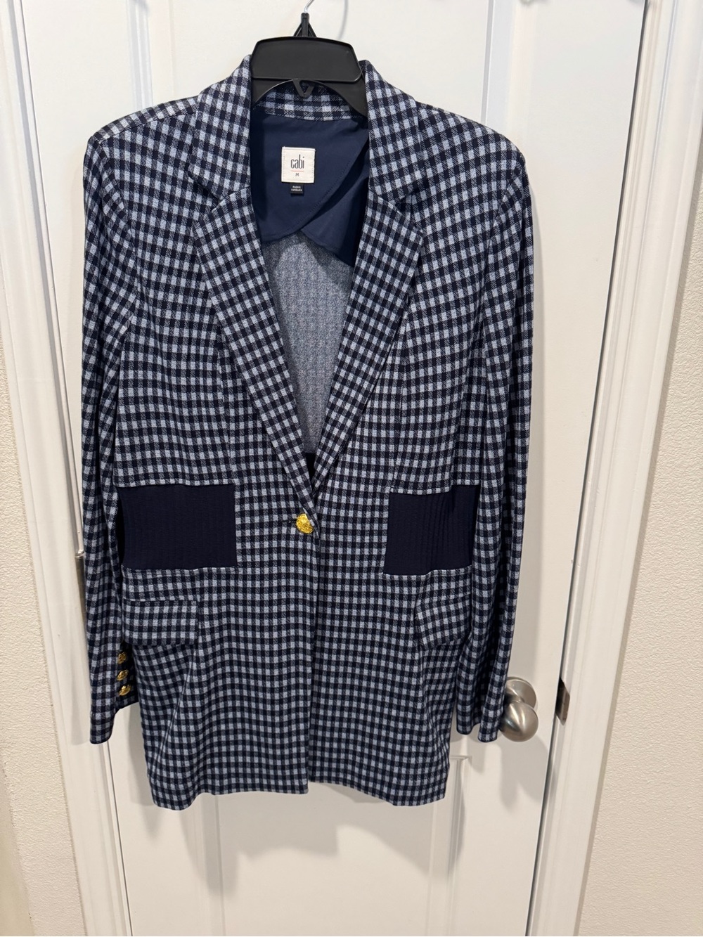CAbi Navy and Light Blue Gingham long jacket with Gold Button